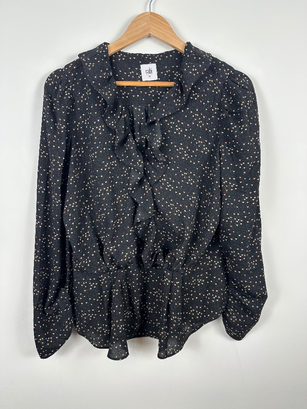 Cabi Eros Blouse M Black Heart Print Ruffle Wrap Peplum